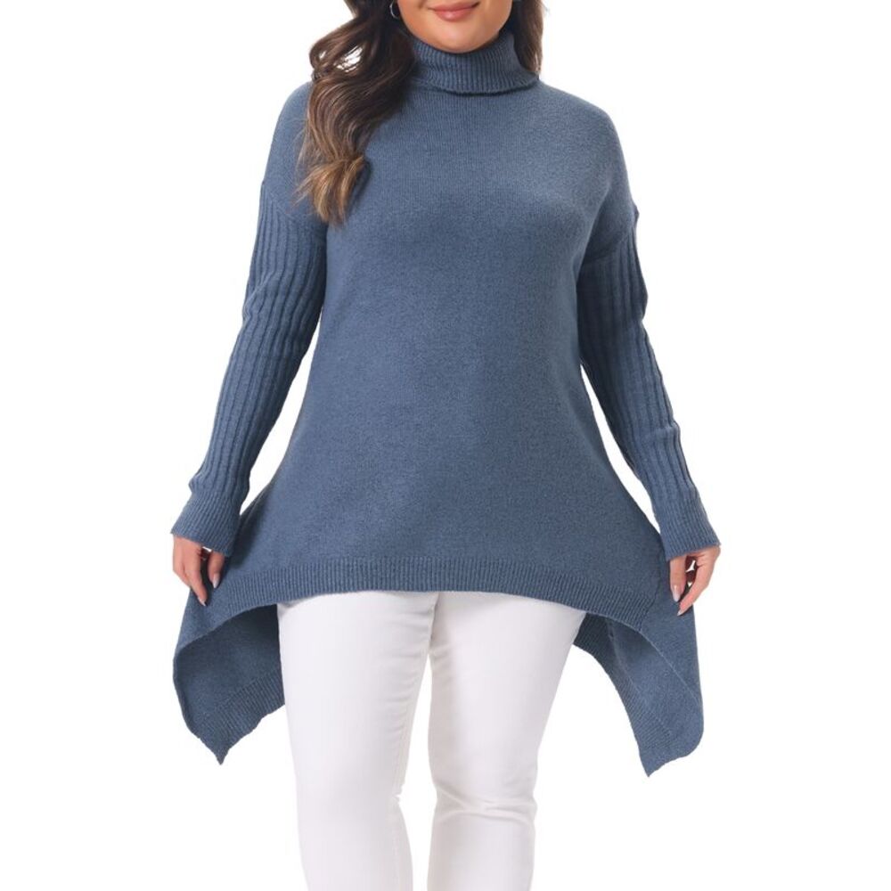 Women Plus Size Turtleneck Asymmetrical Hem Pullover Sweater Blue
